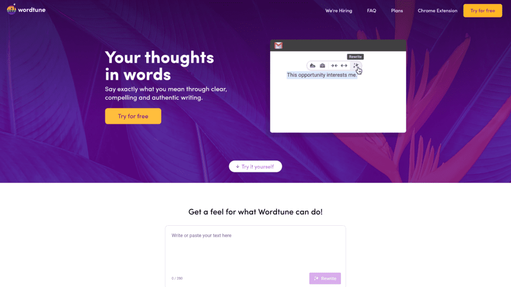 screenshot of the wordtune homepage