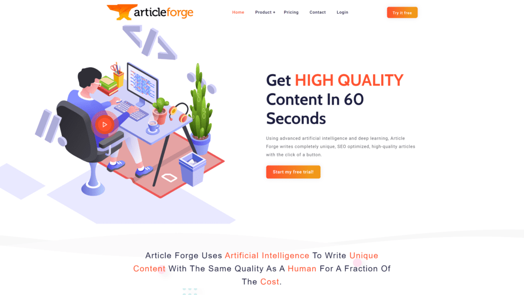 screenshot of the articleforge homepage
