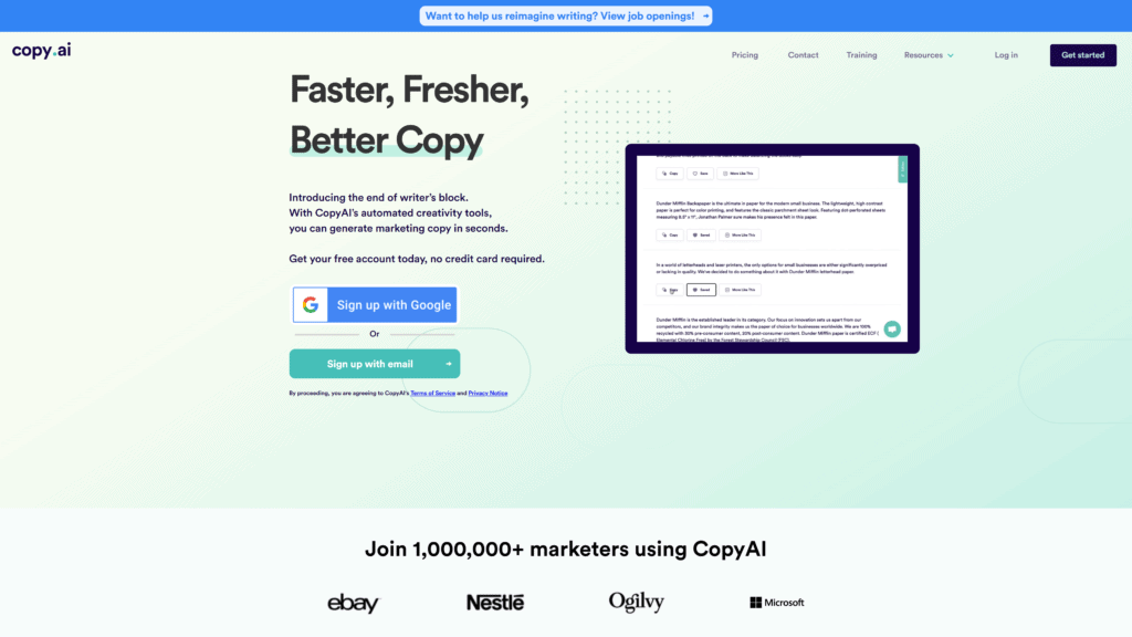 screenshot of the CopyAI homepage