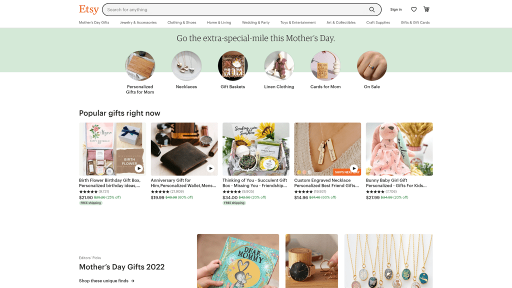 screenshot of the etsy.com homepage
